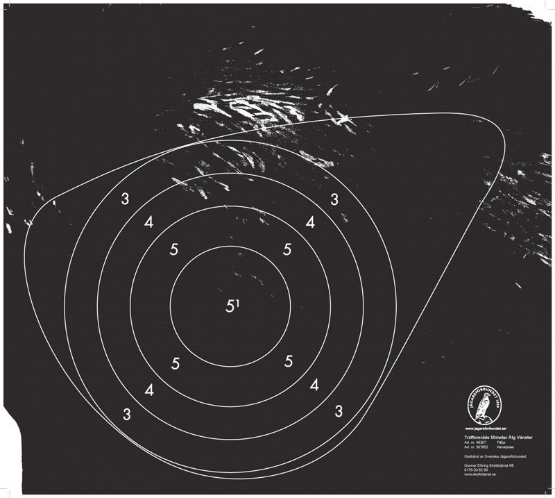 Träffområde 50 m löpande Älg papp (2017)